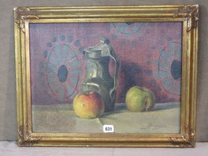 DUVERGIE J. ?

Pommes et pichet en étain

Huile...