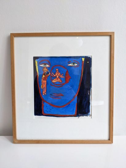 Marie JAUNET - Indomania bleu - Gouache sur...
