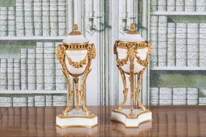PAIRE DE CASSOLETTES en marbre blanc et bronze...