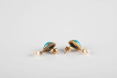 Pair of gold earrings adorned with pear cabochon...