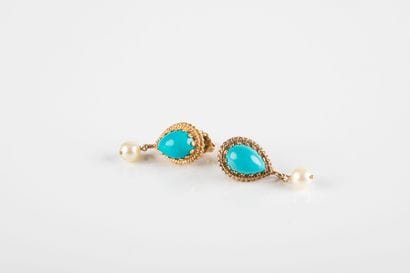 Pair of gold earrings adorned with pear cabochon...