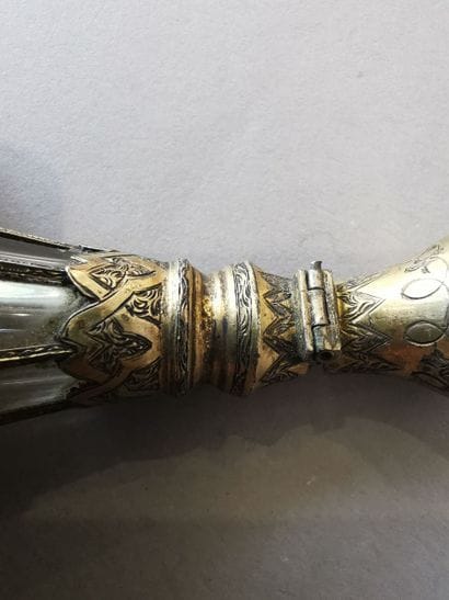 TWO SALT BOTTLES, mounted in silver gilt....