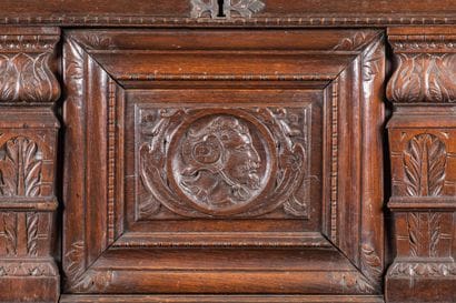 Large molded and carved oak chest, featuring...