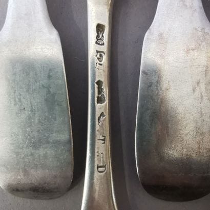 EIGHT SOUP SPOONERS AND SIX TABLE FORKS in...