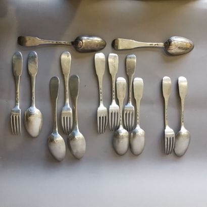 EIGHT SOUP SPOONERS AND SIX TABLE FORKS in...