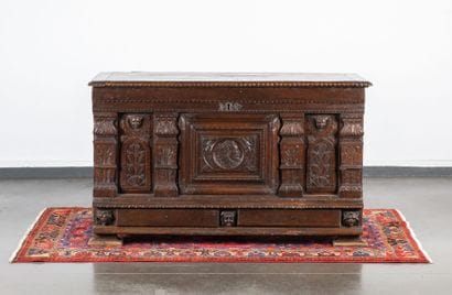 Large molded and carved oak chest, featuring...