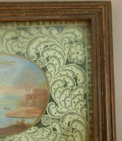 Miniature depicting a lakeside landscape...