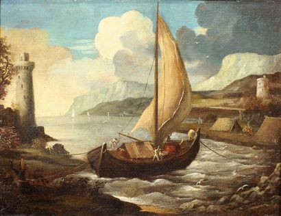 Anonymous. 
Harbour scene. 
Oil on canvas...