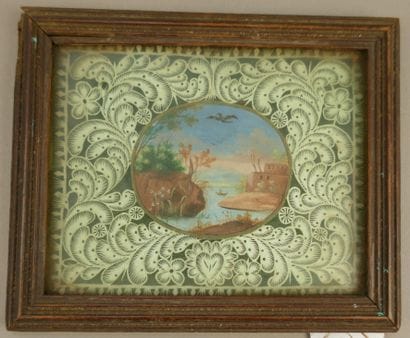 Miniature depicting a lakeside landscape...