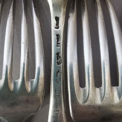 EIGHT SOUP SPOONERS AND SIX TABLE FORKS in...