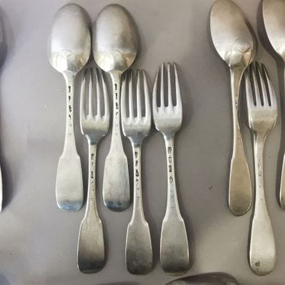 EIGHT SOUP SPOONERS AND SIX TABLE FORKS in...