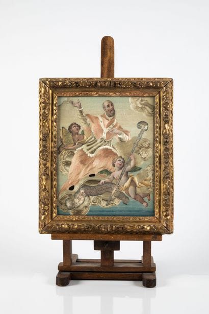 Embroidered and painted canvas depicting...