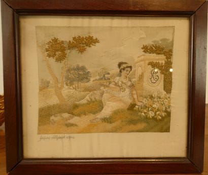Polychrome silk embroidery depicting a young...