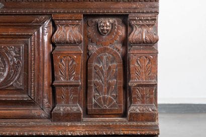 Large molded and carved oak chest, featuring...
