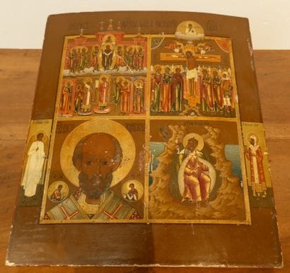 Lacquered and gilded wooden icon depicting...