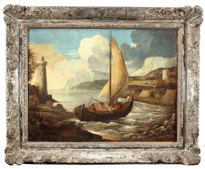 Anonymous. 
Harbour scene. 
Oil on canvas...