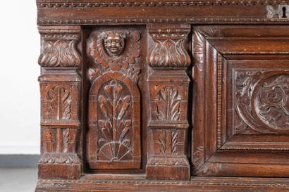 Large molded and carved oak chest, featuring...