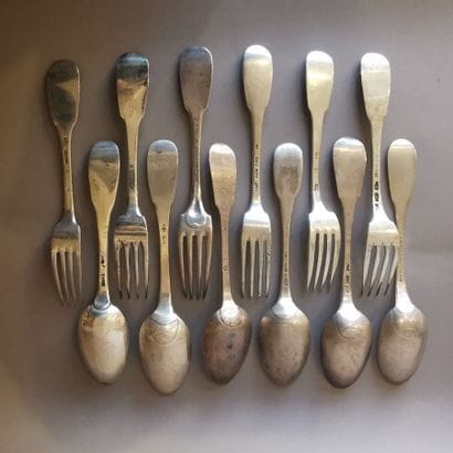 SIX Soup spoons and six table forks in silver...