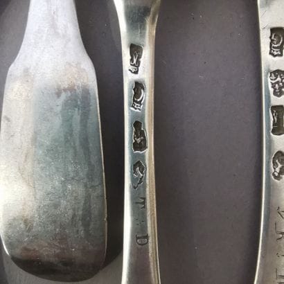 EIGHT SOUP SPOONERS AND SIX TABLE FORKS in...