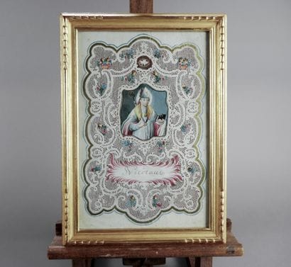 A flowery canivet framing a gouache depicting...