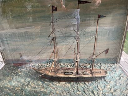 Diorama sous vitrine. Trois-mâts goélette...