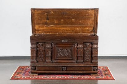 Large molded and carved oak chest, featuring...