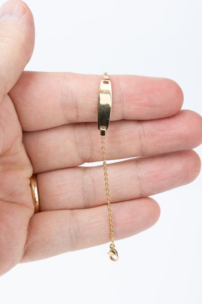 Yellow gold baby ID, round forcat link, rectangular...