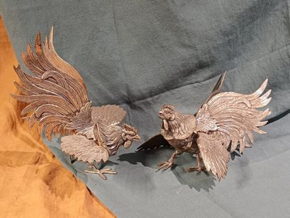 Two roosters facing each other with outstretched...