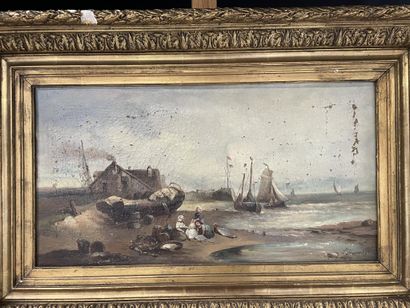 THOMSON 
Famille de pêcheurs sur la plage
Huile...