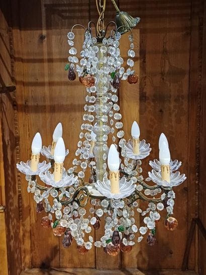 Brass, crystal and colored glass eight-arm...