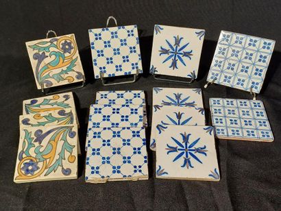 Set of 14 earthenware tiles with blue or...