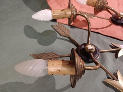 Pair of two-light brass sconces decorated...