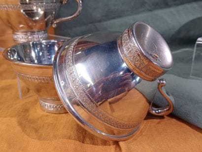Suite of six bright pewter cider bowls, decorated...