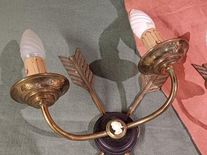 Pair of two-light brass sconces decorated...