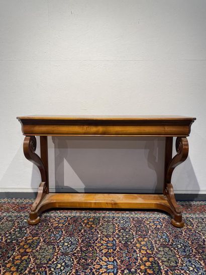 Cherry wood console with panelled and carved...