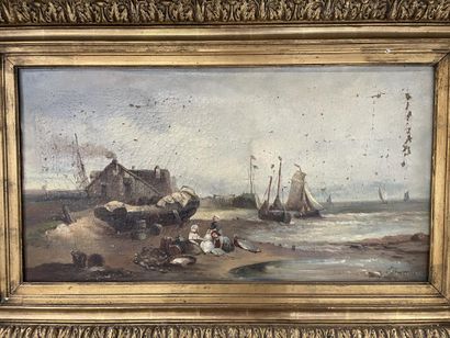 THOMSON 
Famille de pêcheurs sur la plage
Huile...