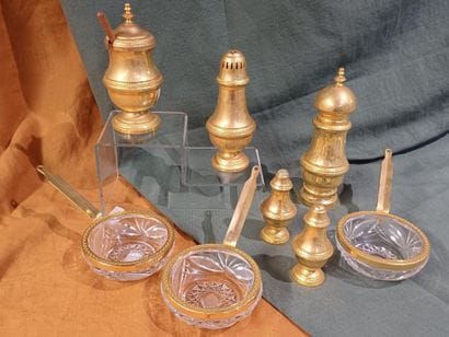 Baluster-shaped gilt-metal condiment set...