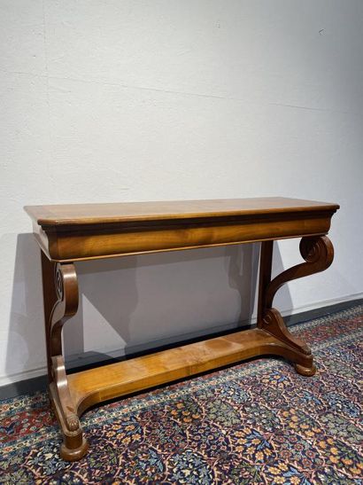 Cherry wood console with panelled and carved...