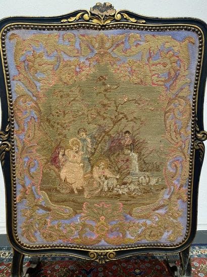 Fireplace screen in blackened wood with gold...