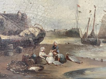 THOMSON 
Famille de pêcheurs sur la plage
Huile...