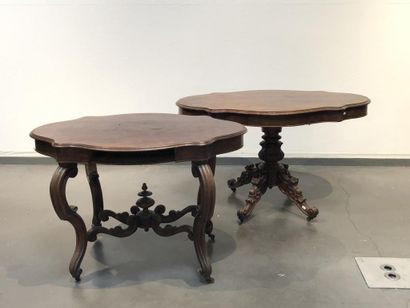 Two mahogany and mahogany veneer violin tables,...