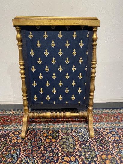 Gilded turned wood fire screen with fleur-de-lis...