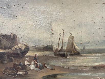 THOMSON 
Famille de pêcheurs sur la plage
Huile...