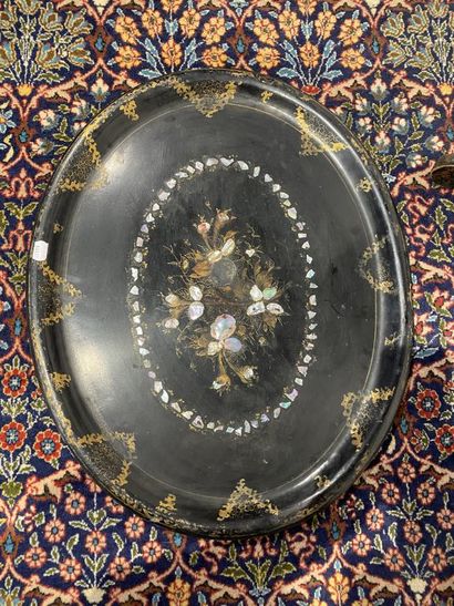 Two guéridons in boiled cardboard with mother-of-pearl...