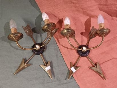 Pair of two-light brass sconces decorated...