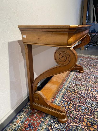 Cherry wood console with panelled and carved...