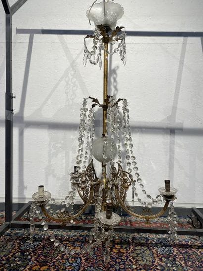 Brass chandelier with five foliate scrolled...