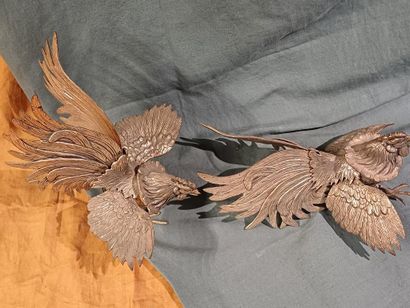 Two roosters facing each other with outstretched...
