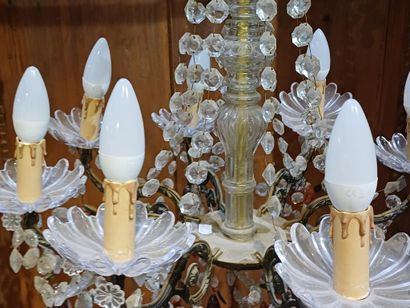 Brass, crystal and colored glass eight-arm...