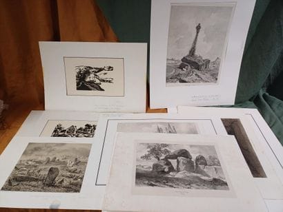 Set of ten engravings, including two on wood,...